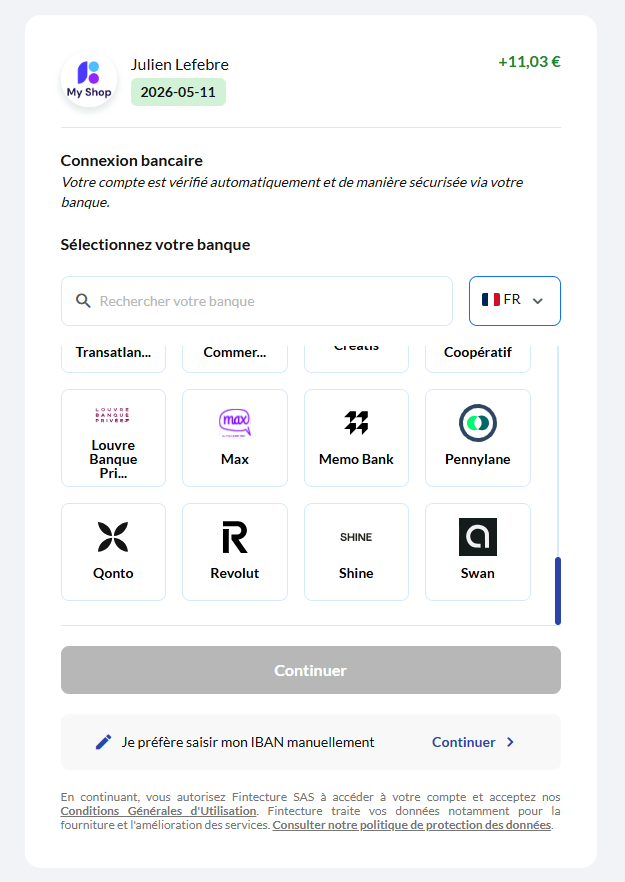Verified Payout bank selection screen